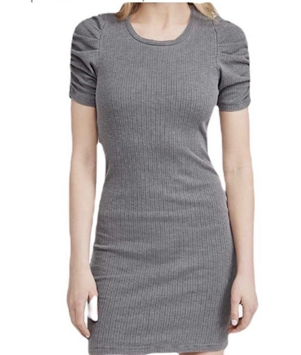 Sundry Gray Puff Sleeve Ruched Bodycon Ribbed Short Dress Women’s Sz 2 (Medium)